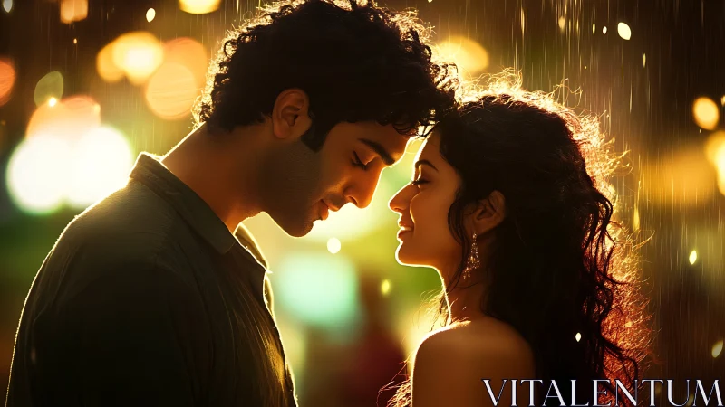 Backlit Couple in Rain: Golden Hour Atmospheric Portrait.