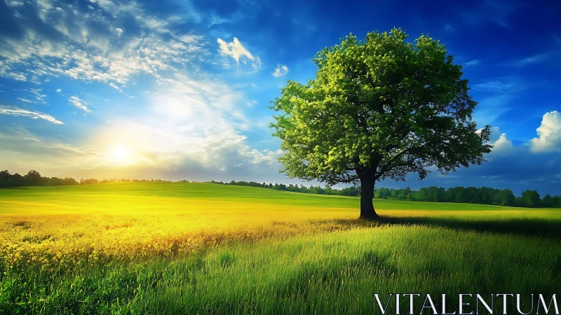 Sunlit meadow and lone tree welcoming a bright new day.