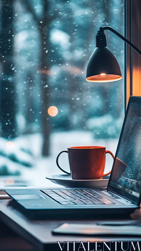 Photorealistic winter workspace with laptop, mug, and lamplight.