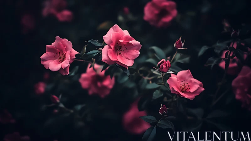 Pink Roses in Darkness. Moody Botanical Study.
