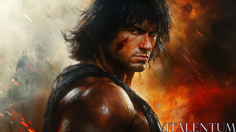 Battle-hardened warrior turning through blazing inferno.