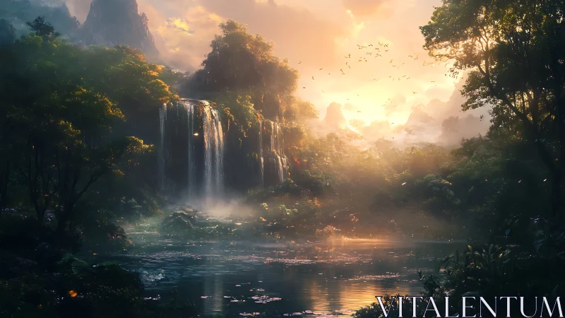 Sunlit cascade dreaming over a misty enchanted valley.