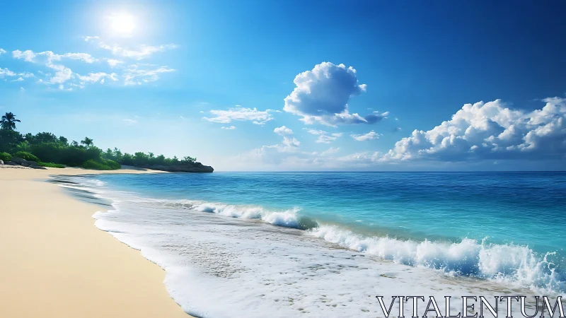 Sunlit tropical shoreline glows beneath a clear azure sky