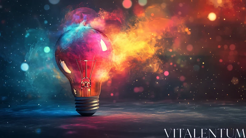 Glowing glass lightbulb releases vivid multicolor energy plume