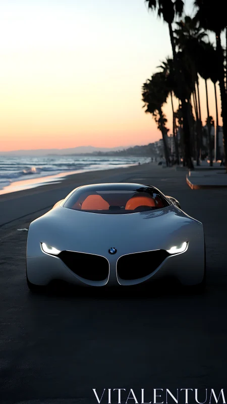 Photorealistic coastal supercar front view at sunset boulevard.