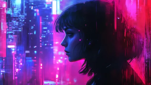 Neon city profile captures solitary woman in moody glow