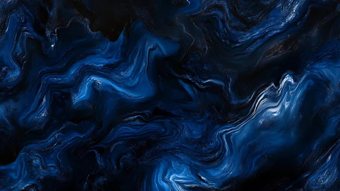 Deep blue fluid abstract with swirling marbled forms.