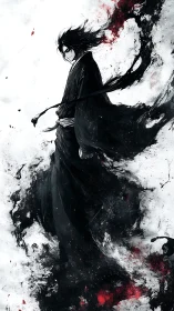 Dark swordsman strides through dissolving ink and blood storm