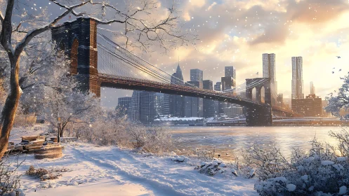 Brooklyn Bridge winter panorama with sunlit skyscraper skyline