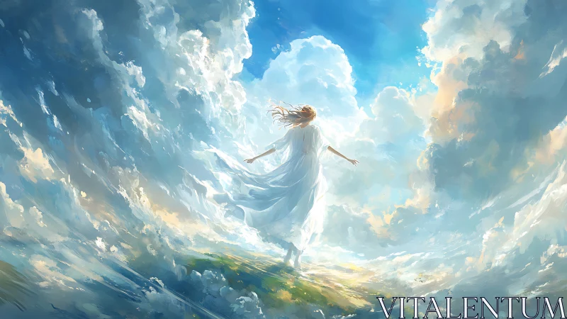 Ethereal woman ascends through luminous skyward clouds.