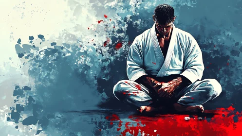 Martial artist in meditative focus amid abstract energy