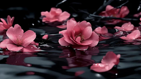 Pink flowers float on black reflective water surface