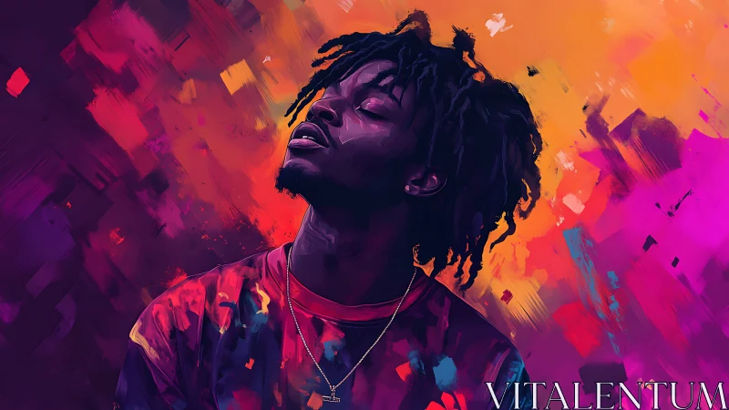 Portrait in neon brushstrokes captures ecstatic stillness.