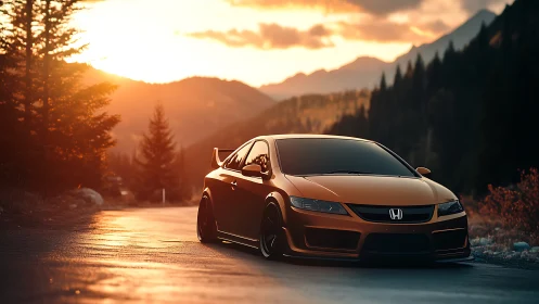 Lowered orange Honda glows against a dramatic mountain sunset