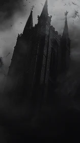 Gothic cathedral tower rises through dense swirling fog