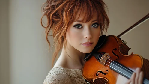 Soft morning portrait of a redhead violin daydreamer.