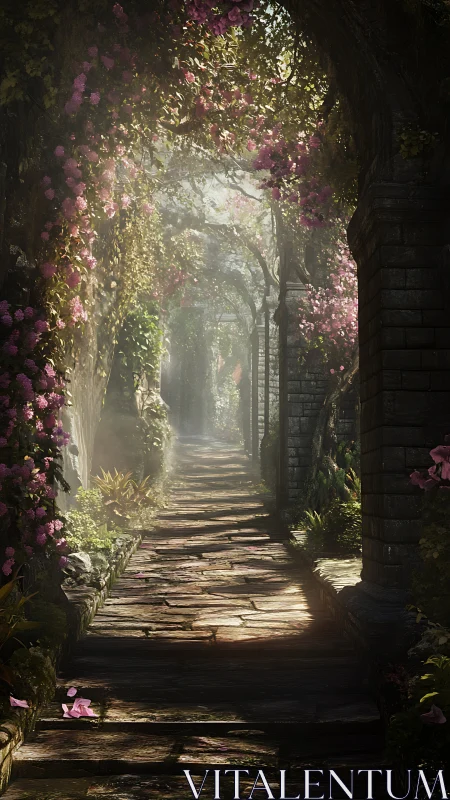 Stone garden path under floral arches in soft daylight.