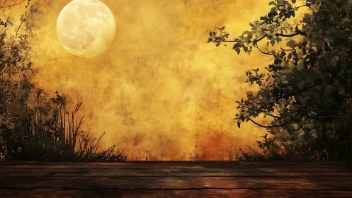 Full moon over rustic wooden stage in golden dusk haze