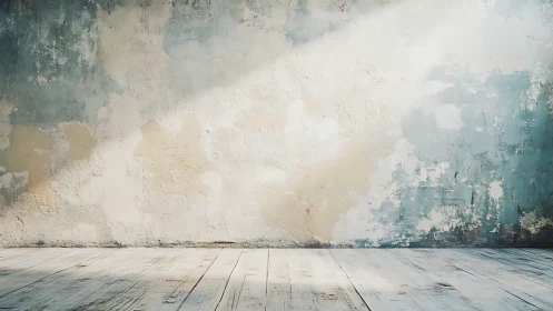 Weathered plaster wall with sunlit wooden floor interior.