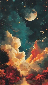 Lunar-lit nebula sky over autumn forest river at dusk