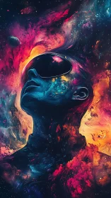Cosmic dreamer in neon nebula gaze ascends into space.