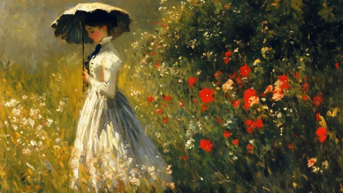 Woman with parasol walking through sunlit flower meadow.