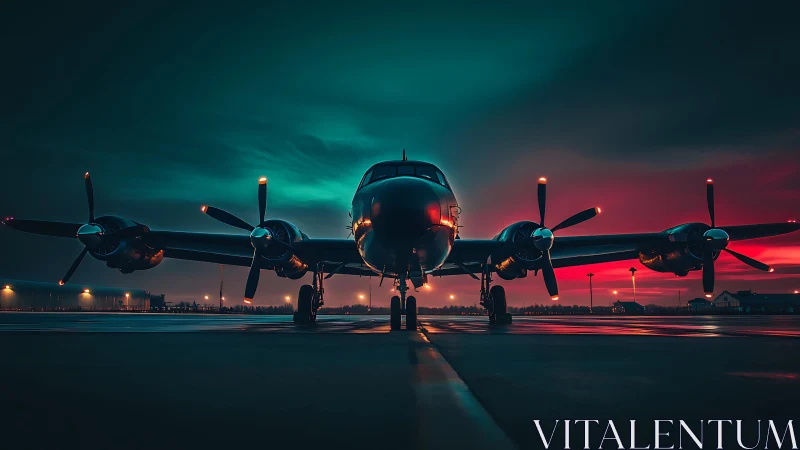 Four engine propeller aircraft stands on runway at night