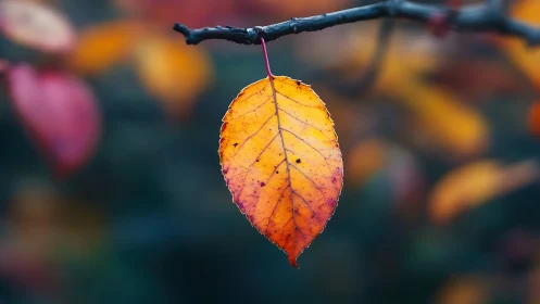 Single autumn leaf suspended against soft bokeh background
