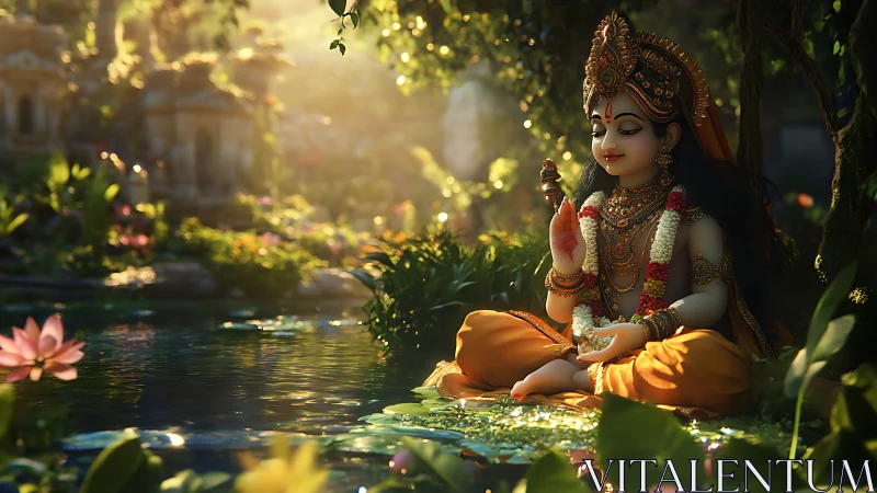 Digital deity figure sits by reflective pond in dense garden