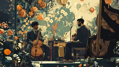 String duet performing in floral garden interior scene.