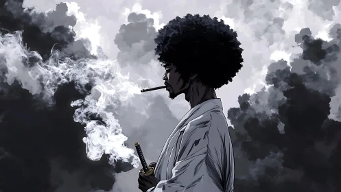 Afro samurai exhales drifting smoke amid storm clouds.