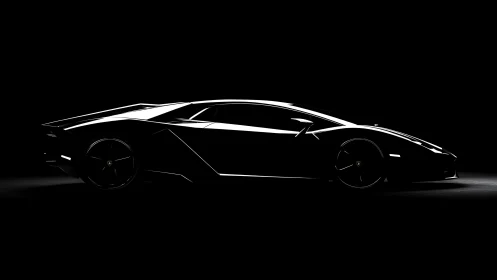 High-contrast side silhouette isolates a supercar’s angular form
