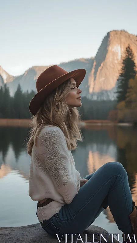 Quiet lakeside pause beneath soft golden mountain light.
