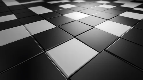 Monochrome tiles quietly march into a gleaming digital horizon