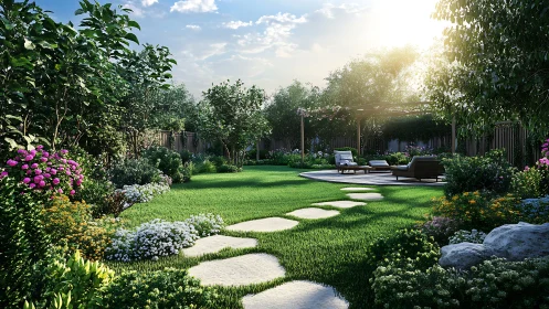 Sunny landscaped garden with stone path and seating area.