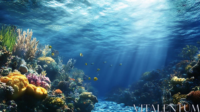 Submerged coral reef landscape under filtered sunlight.