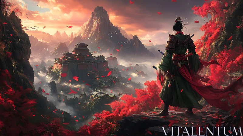Samurai overlooking crimson valley fortress at dawn.