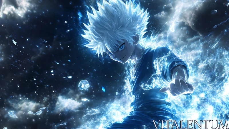White-haired anime warrior channels cosmic blue energy.