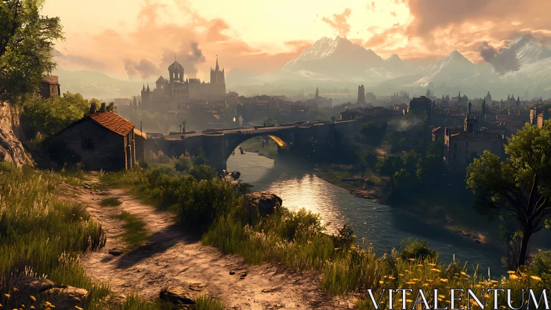 Sunlit medieval riverside cityscape with arched stone bridge