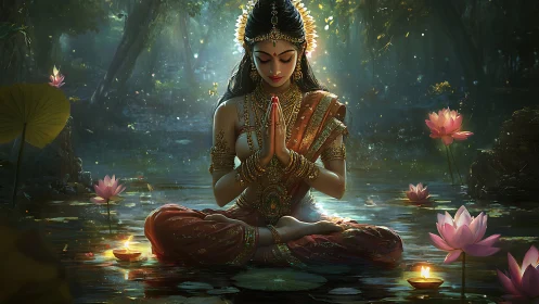 Seated woman in lotus pose amid illuminated forest pond.
