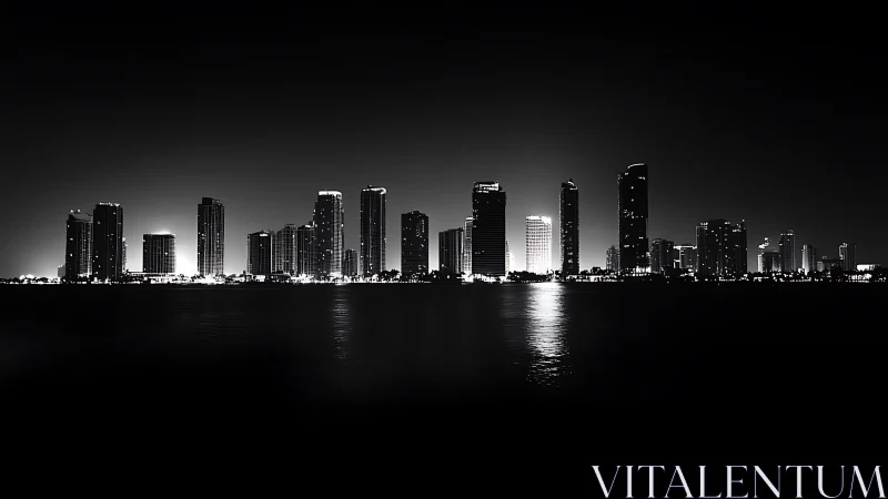 Nocturnal city skyline glowing over reflective bay waters.