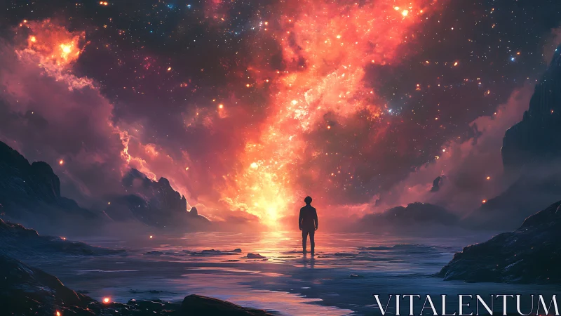 Silhouette before cosmic nebula over reflective alien shoreline.