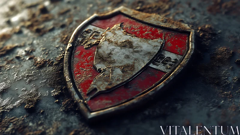 Weathered red shield resting quietly on worn metal surface.