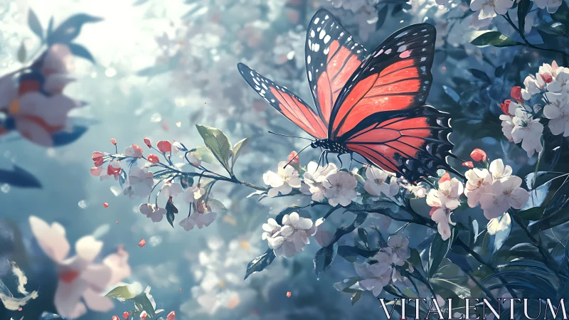 High-detail monarch butterfly on backlit blossoms in soft bokeh field