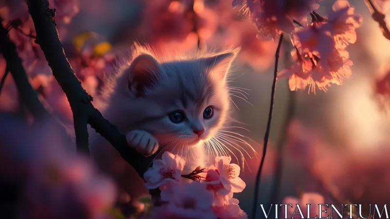 White kitten positioned on branch among flowering blossoms with warm lighting.