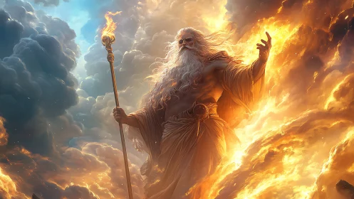 Storm god rises in blazing clouds of fire and thunderous light