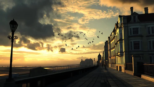 Sunlit seafront promenade glows beneath dramatic clouds.