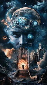 Cosmic subconscious gateway beneath layered lunar spheres.