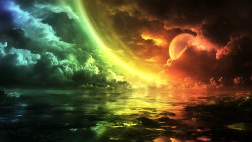Spectral nebula sky arcs over reflective alien ocean horizon
