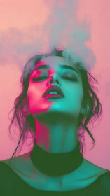 Bichromatic vapor portrait with neon split-spectrum lighting.